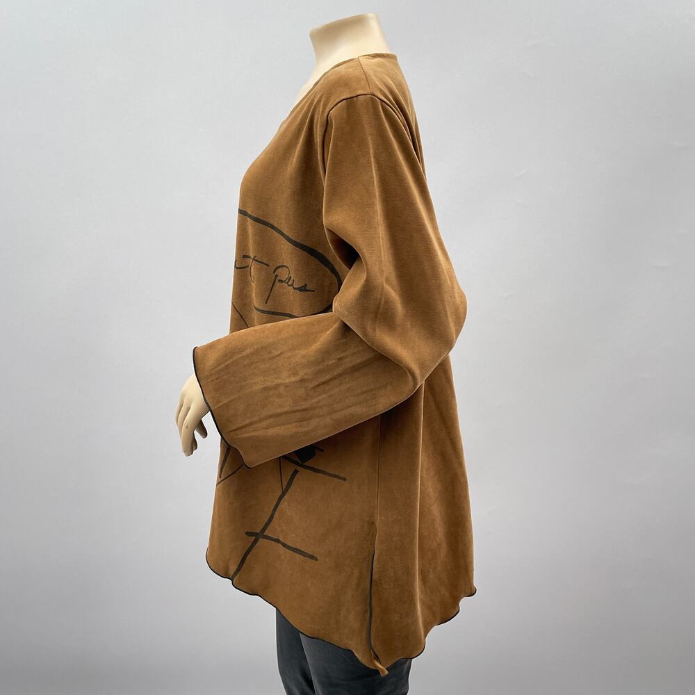 AHNI USA Top Womens 3 / XL Brown Microsuede Artsy Graphic Asymmetrical Hem Boho - Picture 4 of 11